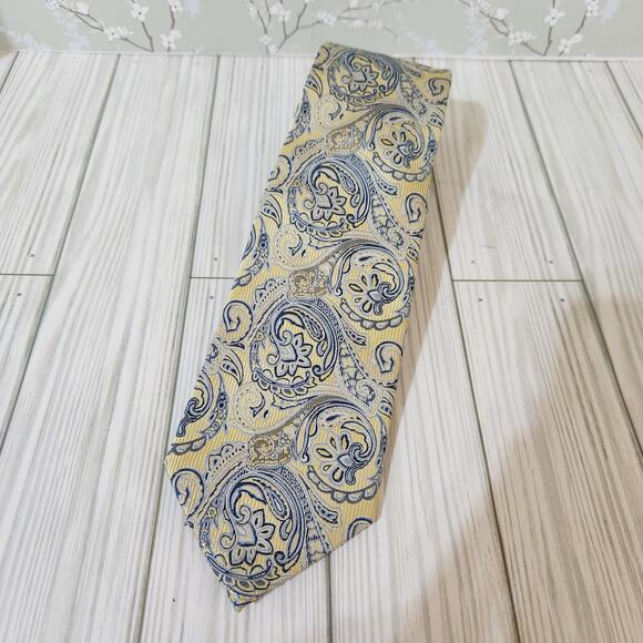 Massimo Moda Collection Yellow Blue Paisley Classic Pointed Men's Tie - Picture 1 of 8